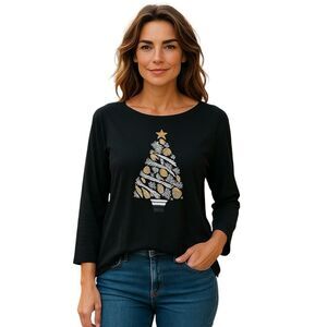 Karen Scott Women's XL Black Christmas Tree Graphic Top Festive Winter Tee